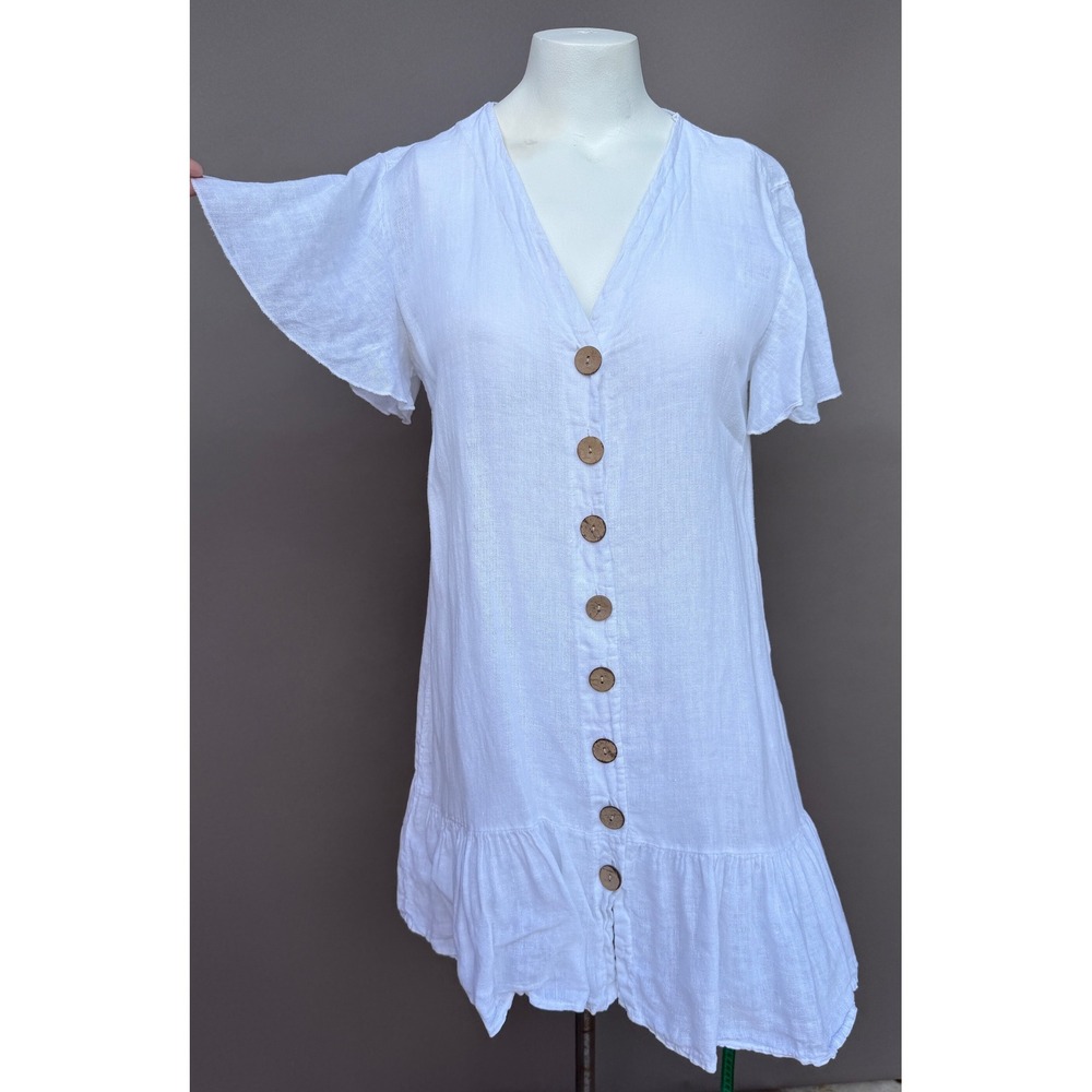 Scandal Italy White Linen Button Front Ruffle Mini Dress S Coastal Cottagecore